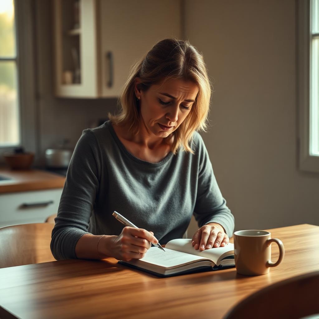 A worried mother in her late forties sitting at a sunlit kitchen table early in the morning, writing in a small notebook beside a coffee mug