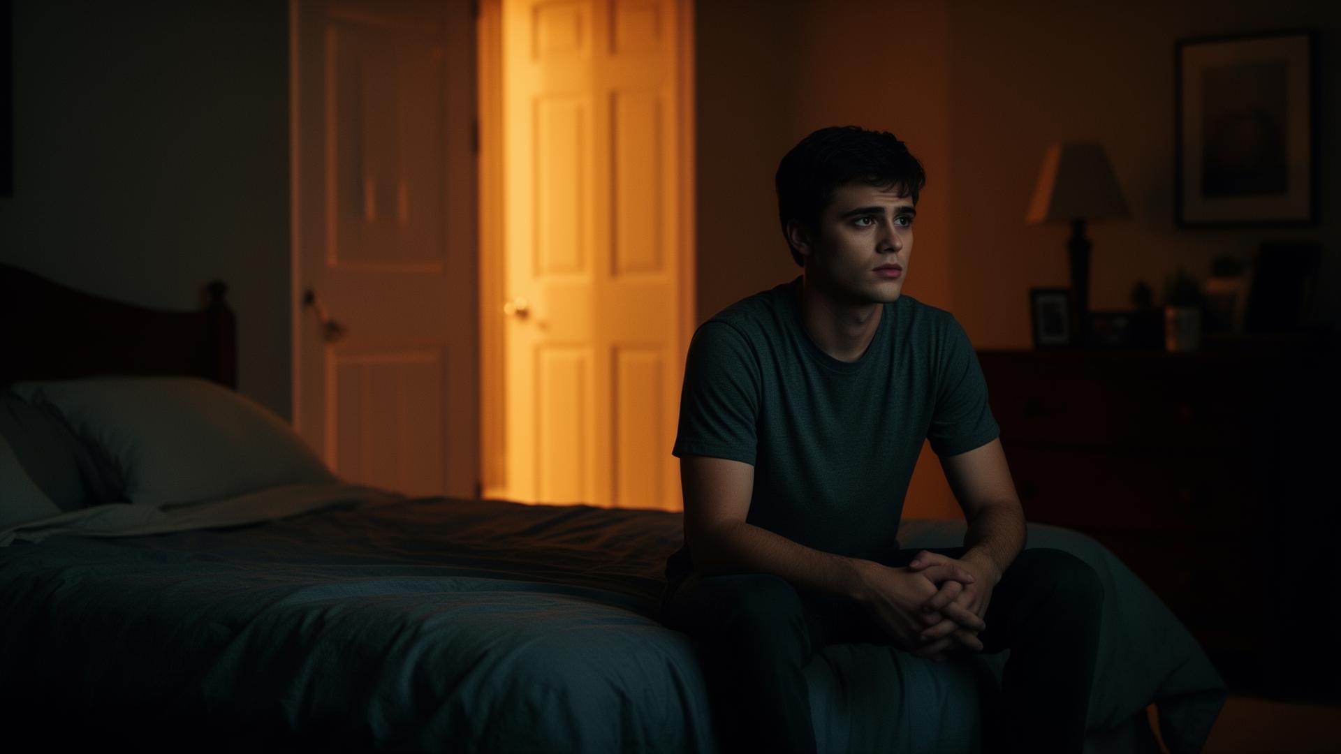 A young adult man sitting quietly at the edge of his bed in a dim bedroom while warm light spills from under a closed door