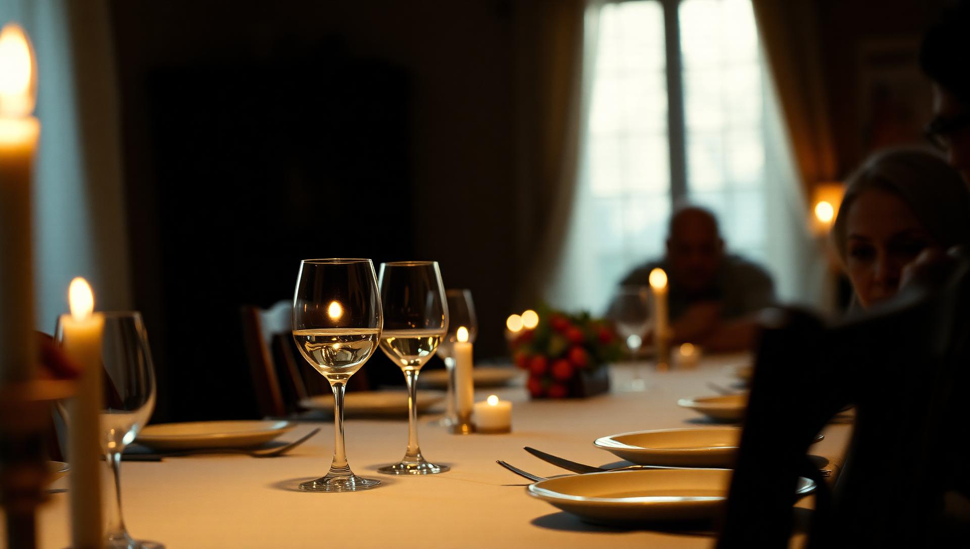 A dimly lit holiday dining table at dusk with an empty chair, half-full wine glass, and indistinct family members in the background