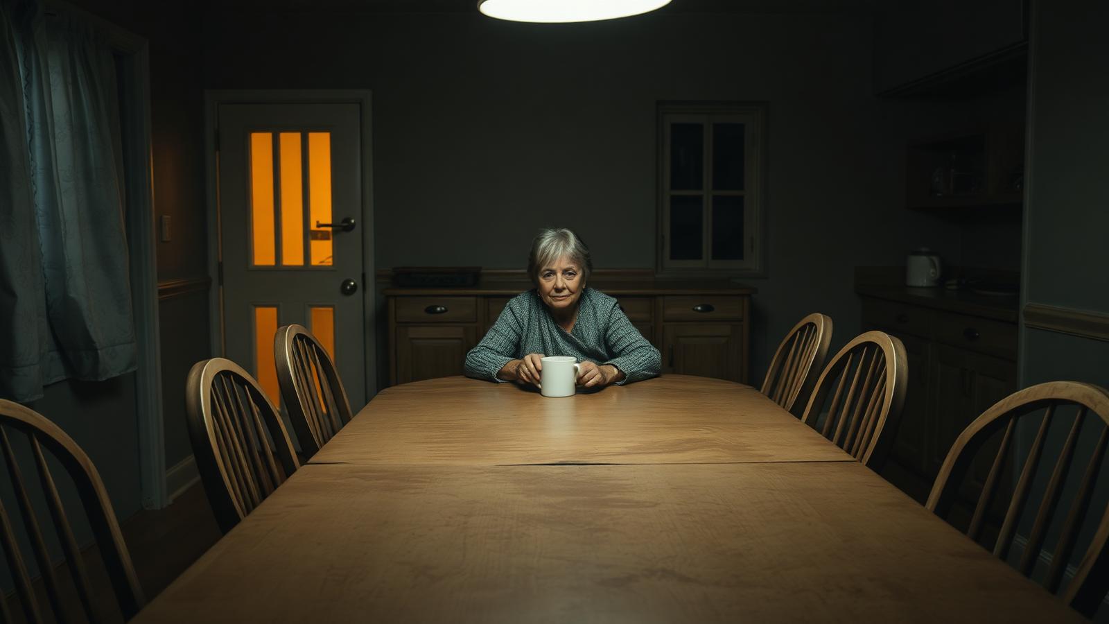 A mother sitting alone at a worn kitchen table at dusk with a mug, empty chairs around her