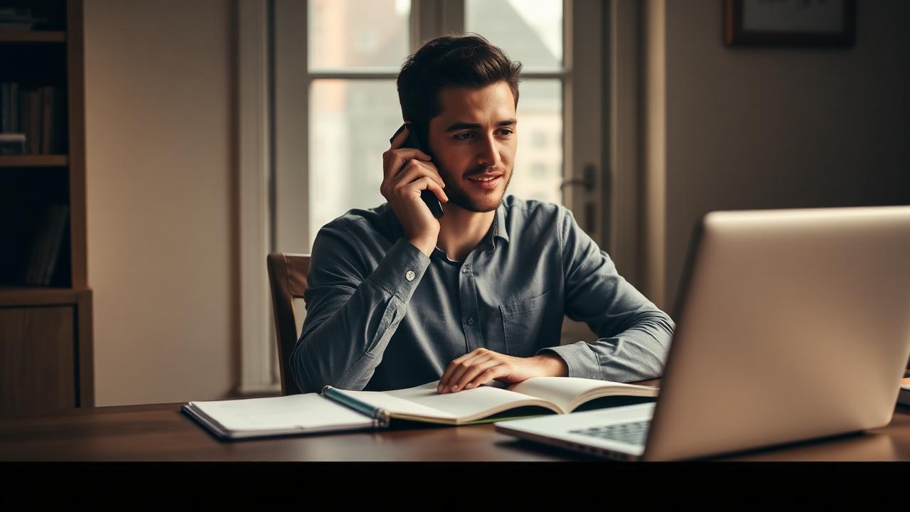Young adult man at a desk holding a phone, taking notes — an interventionist making placement calls