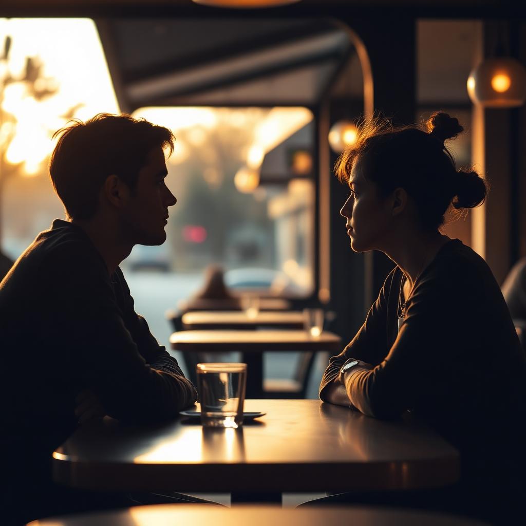 Two young adults in quiet, honest conversation across a cafe table at golden hour