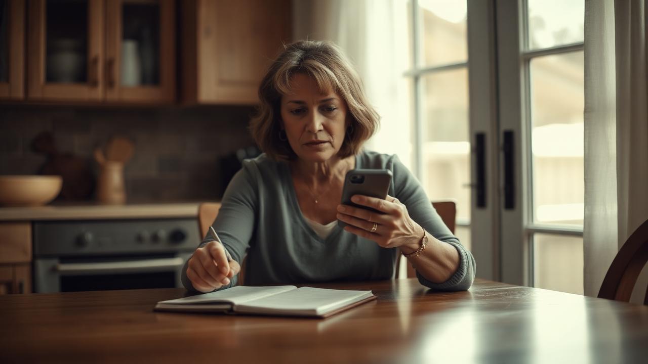 A woman at a kitchen table with a phone and notepad, researching how to choose a professional interventionist