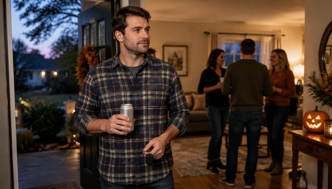 A young adult man holding sparkling water and car keys near the doorway of an adults-only Halloween gathering