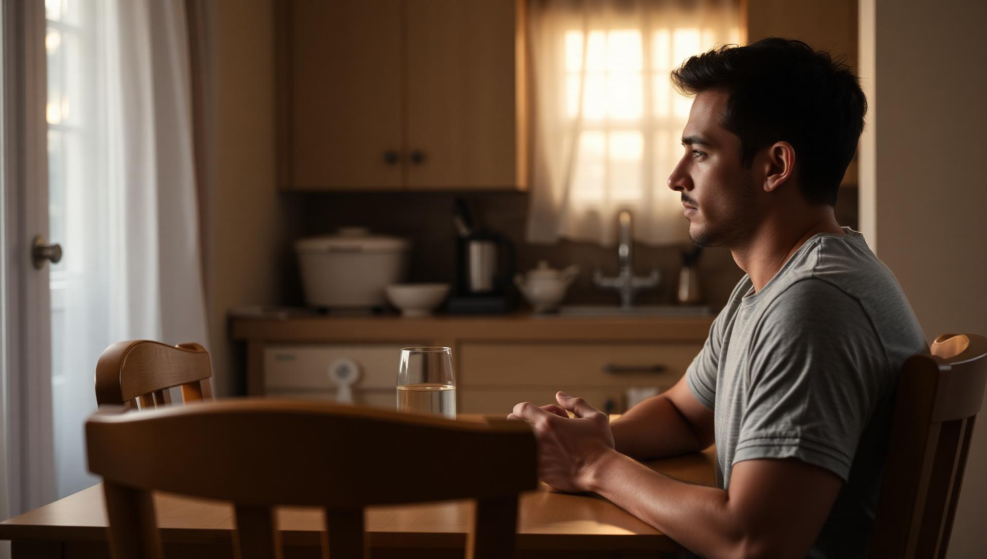 A young adult man sitting at a kitchen table in warm light during a serious family conversation about addiction