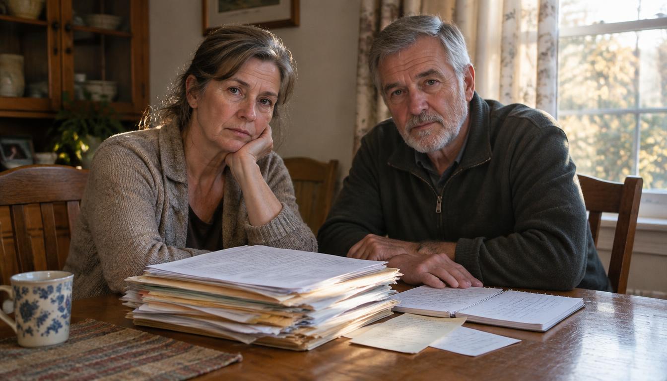 A weary couple in their late fifties and sixties sitting at a dining table beside a tall stack of old treatment discharge papers