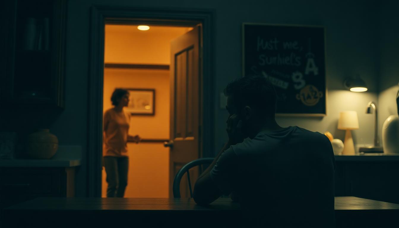 A young adult man sitting alone at a dimly lit kitchen table while a concerned family member watches from a doorway, conveying the tension and uncertainty surrounding intervention decisions