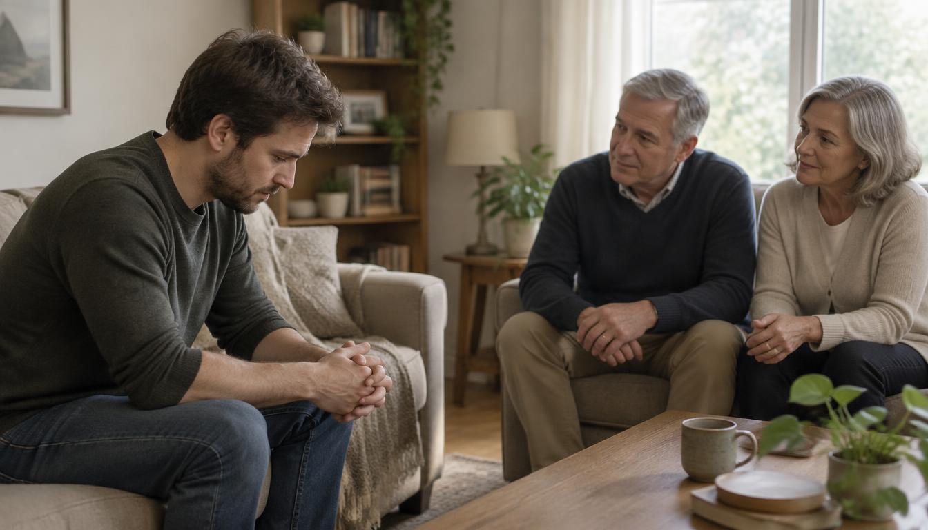 A man in his early thirties on a living room couch looking down while his parents sit across from him listening calmly