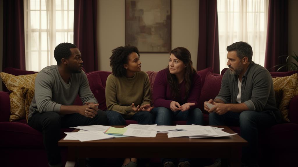Family gathered in a warm living room preparing for an addiction intervention conversation with notes on a table