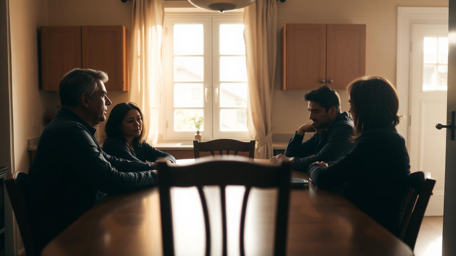 A family sitting around a kitchen table in warm morning light having a serious conversation, one chair empty