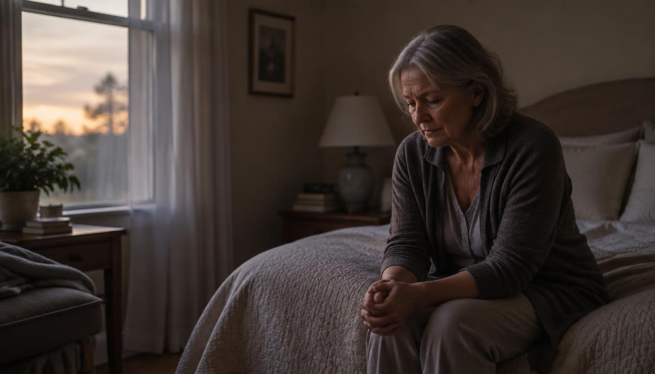 A mother in her sixties sitting alone on the edge of a bed at dawn, hands clasped, looking down in thought