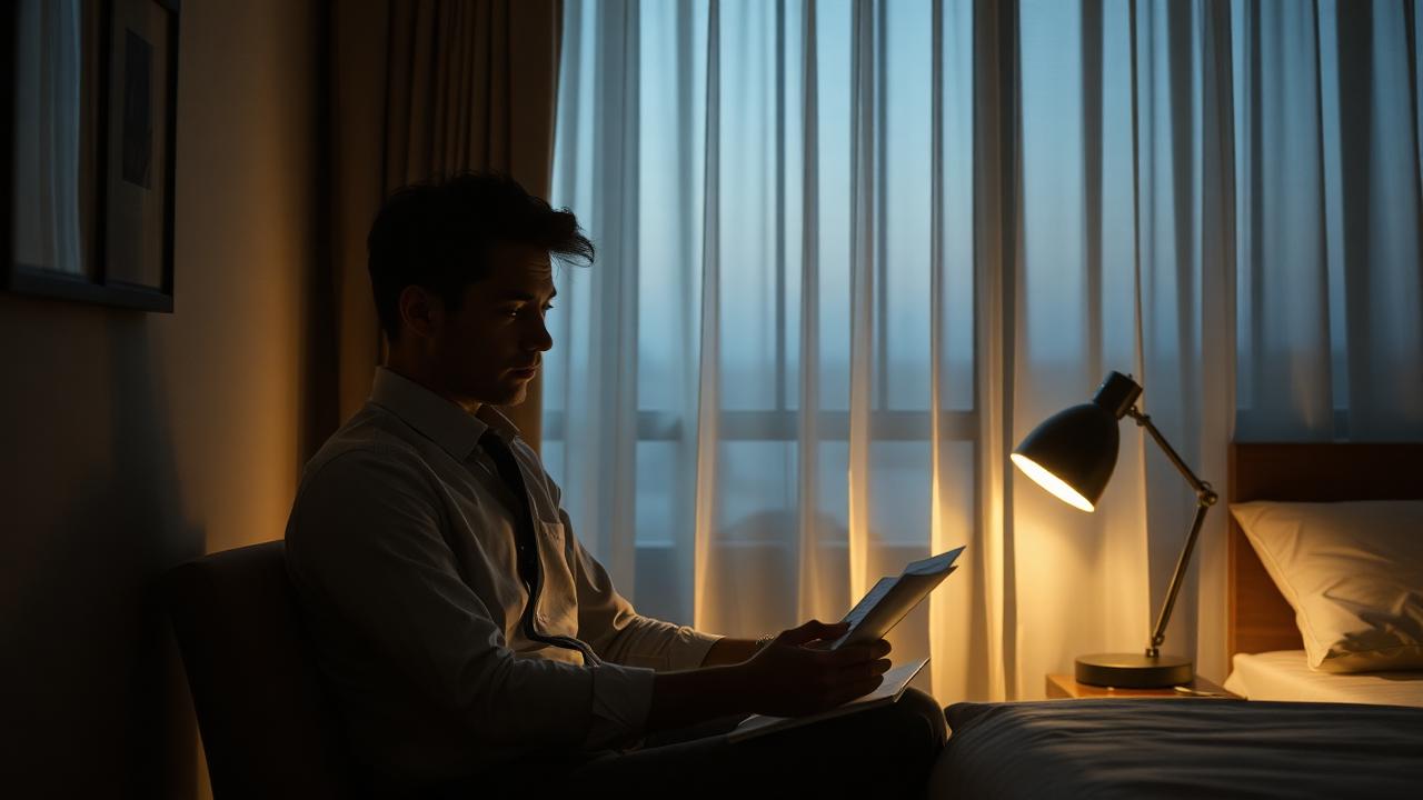 A professional interventionist sitting alone in a quiet hotel room at dawn, reviewing notes before an intervention