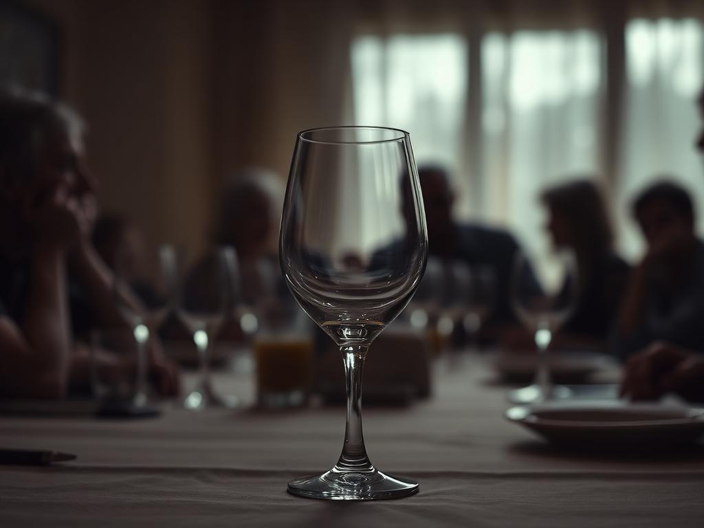Wine glass with 'mommy juice' text overlay while concerned children play in blurred background