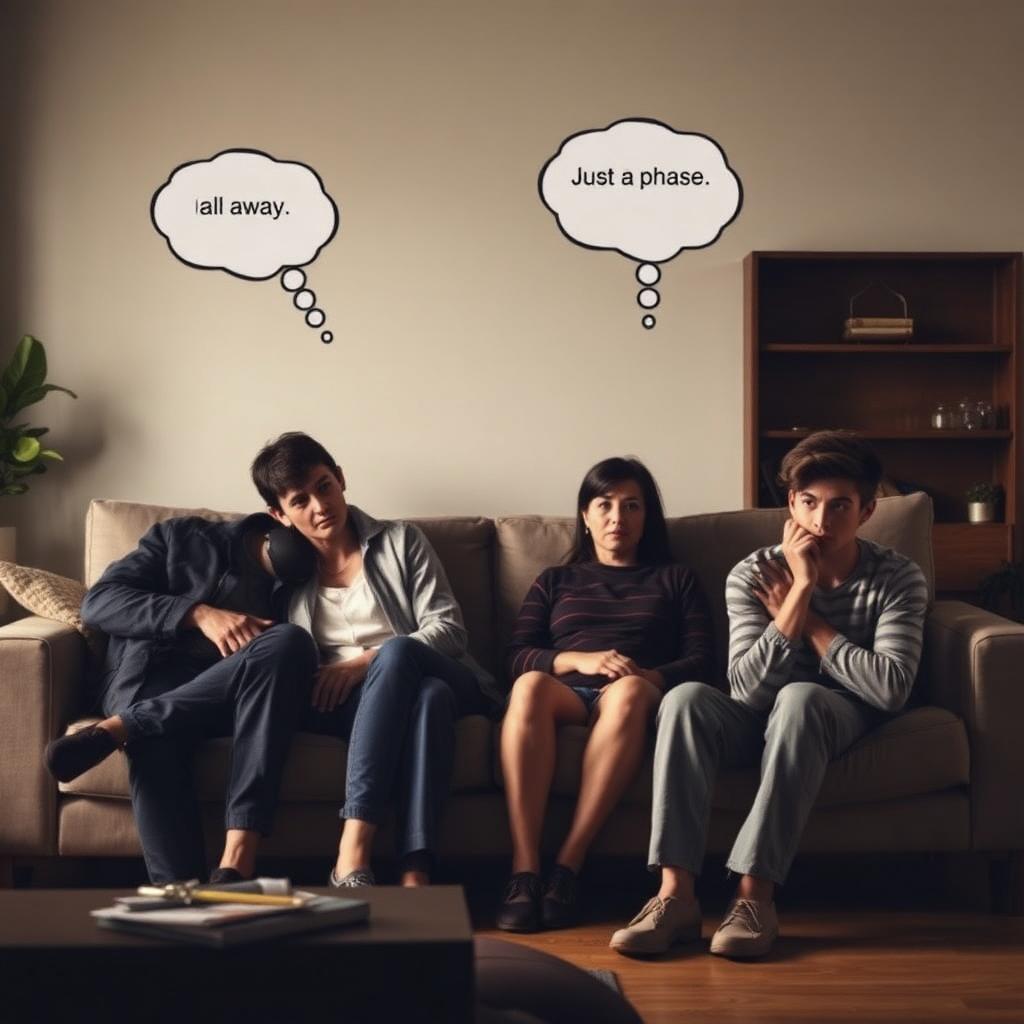 Young adult drinking heavily at party while older relatives watch dismissively in background
