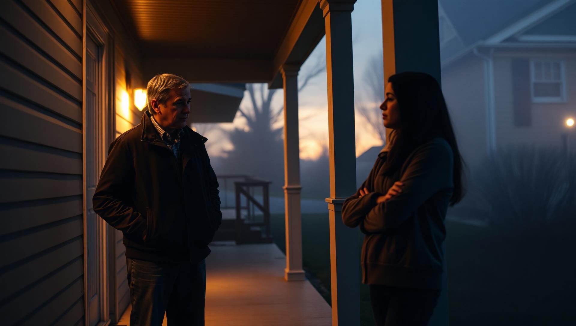 A father in his early fifties on a dim front porch at dusk talking quietly with his young adult daughter who stands with arms crossed listening