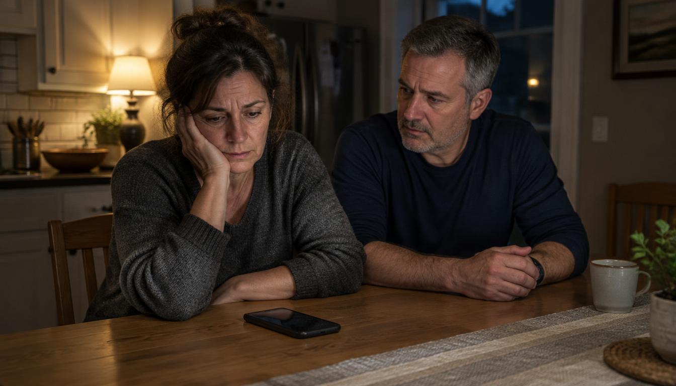 An exhausted adult couple at a kitchen table late at night, watching a phone and waiting for the next call