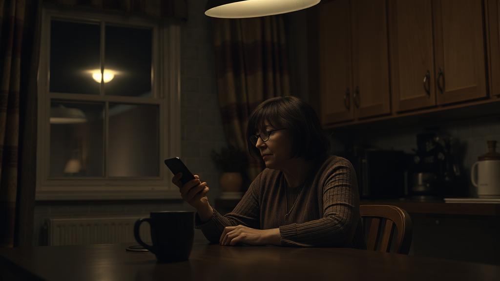 Middle-aged woman sitting alone in dimly lit kitchen at night holding phone showing chronic emotional weight of active addiction on families