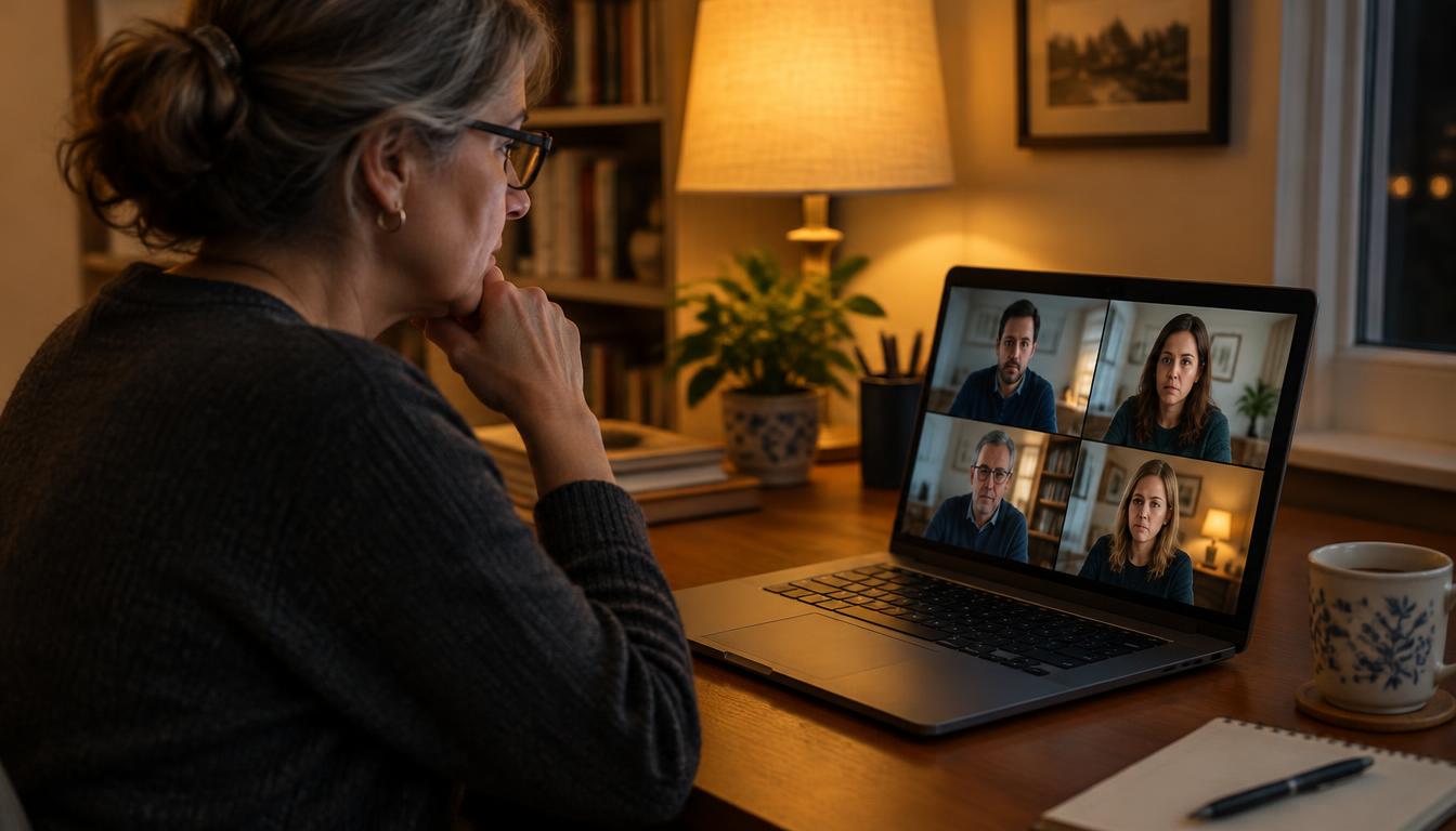 A woman in her fifties at a home desk on an evening video call with several adult family members