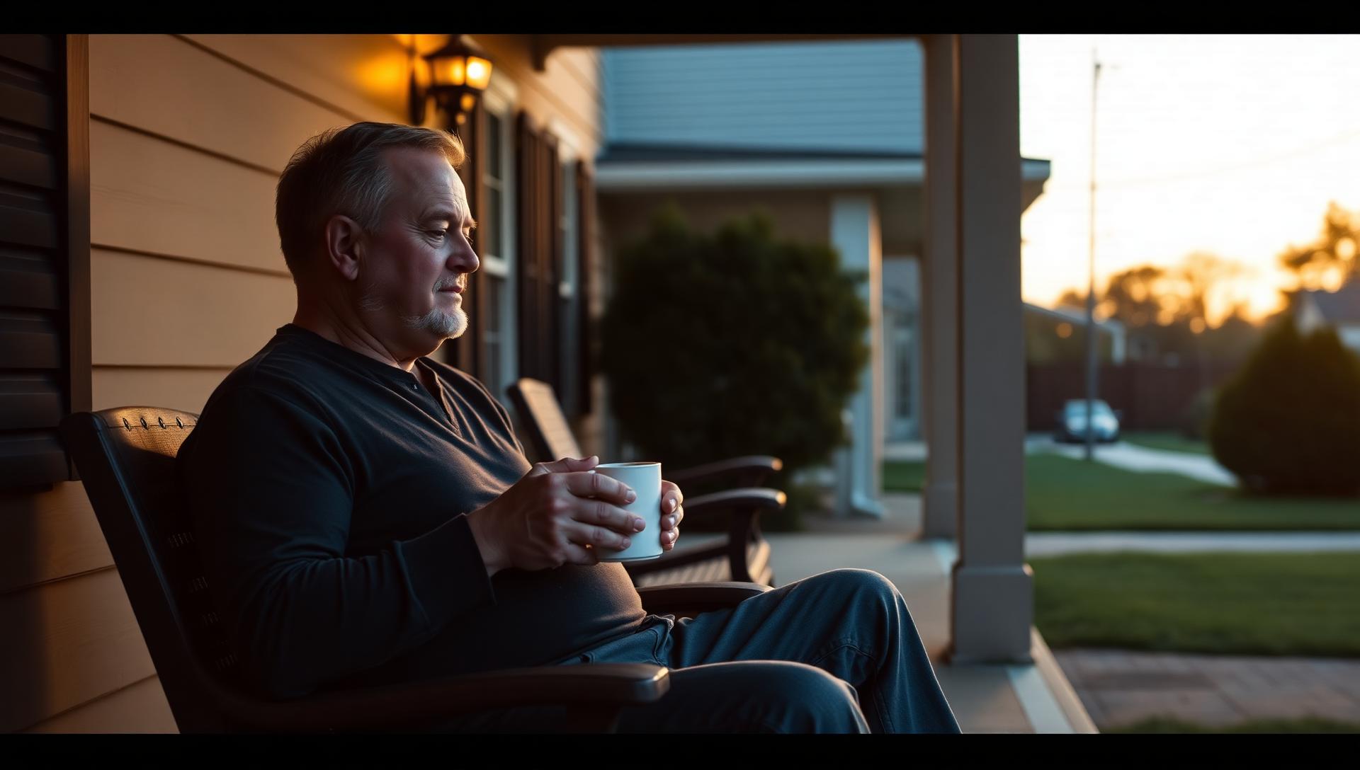 A man in his late forties sitting alone on a quiet front porch at golden hour, holding a coffee mug in a moment of reflection on long-term sobriety