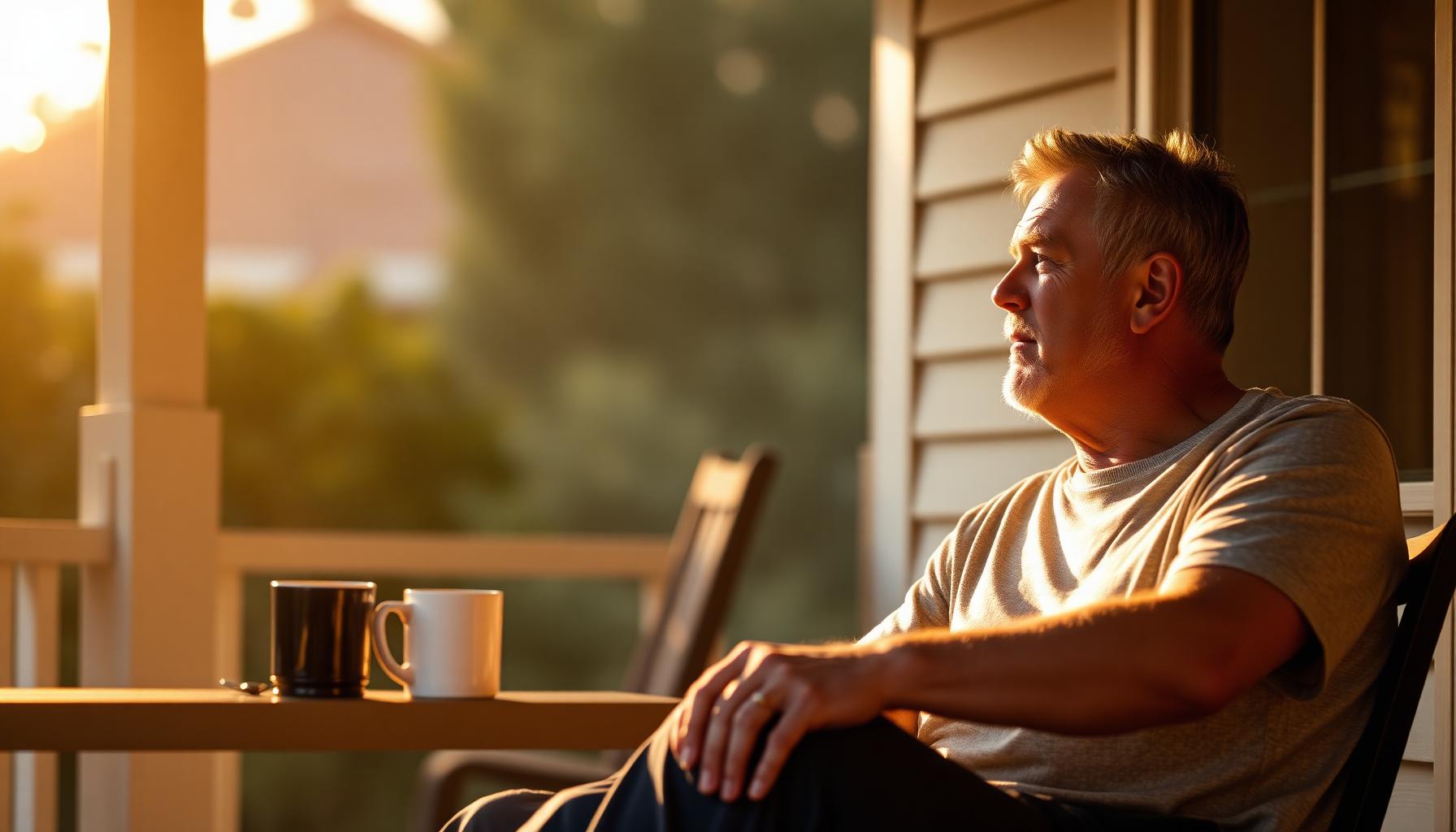 A man sitting on a sunlit porch with two coffee cups, reflecting on making amends in recovery