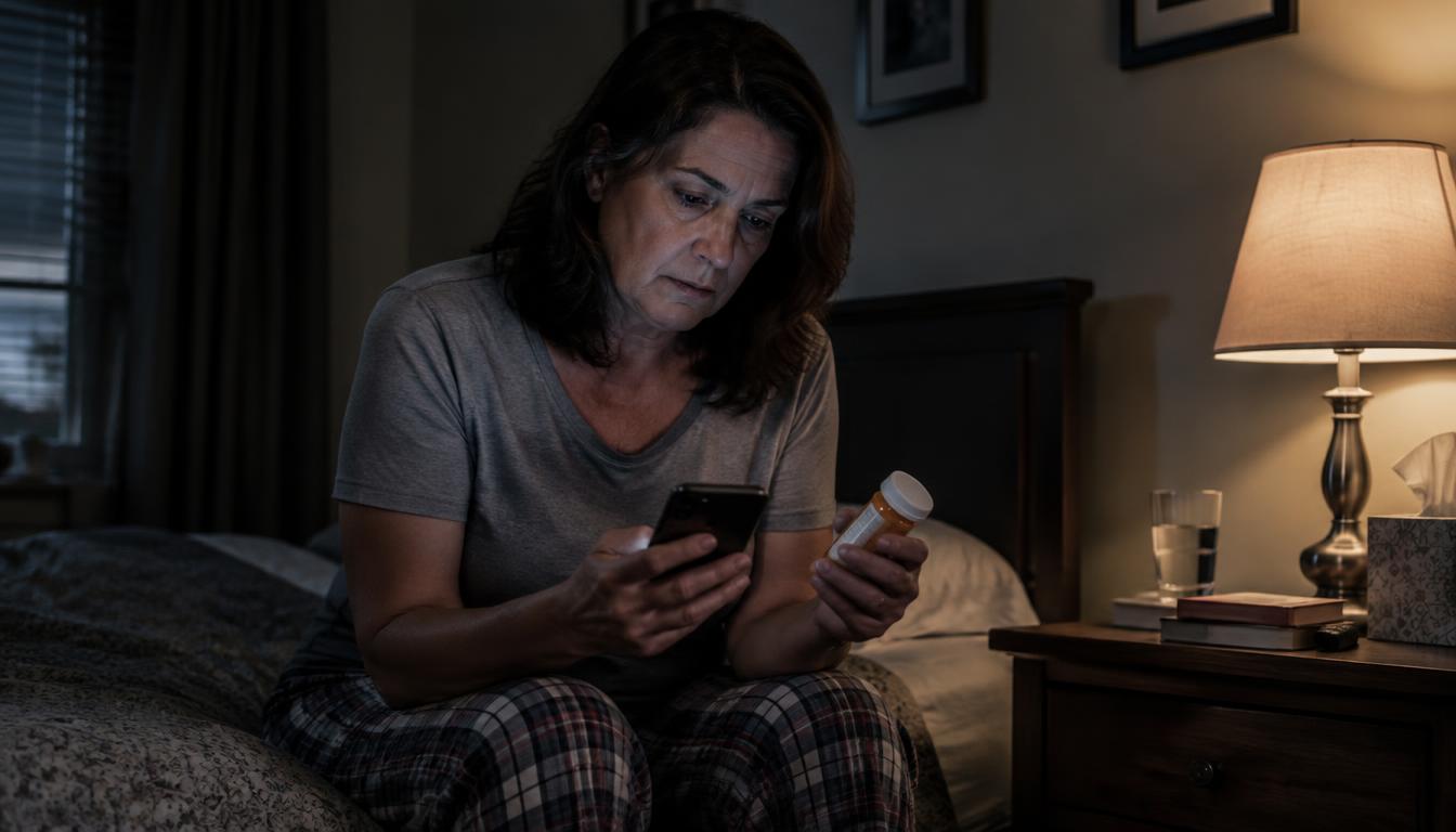 A woman in her late fifties sitting alone on the edge of a bed at night holding a prescription bottle and her phone