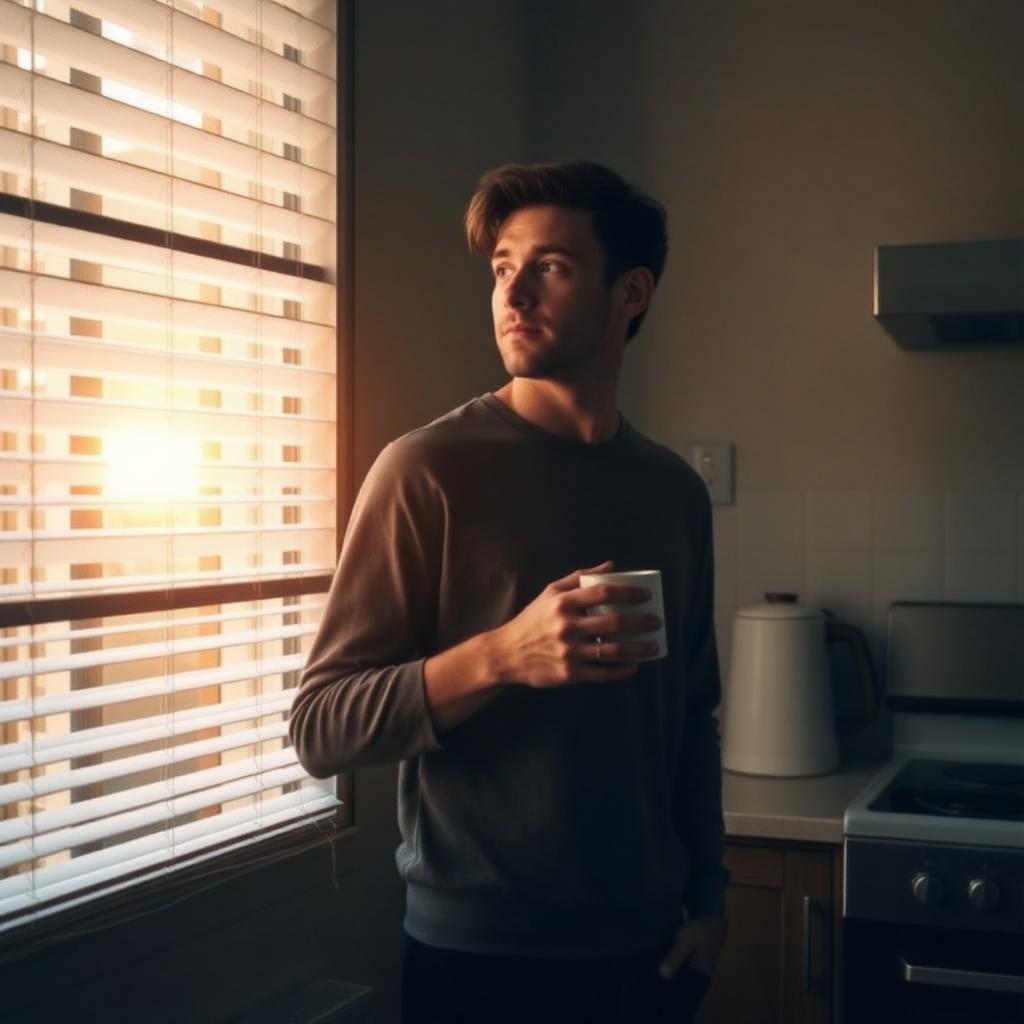 A young adult man standing in a quiet kitchen at dawn holding a coffee mug, soft morning light through the blinds, thoughtful and honest expression