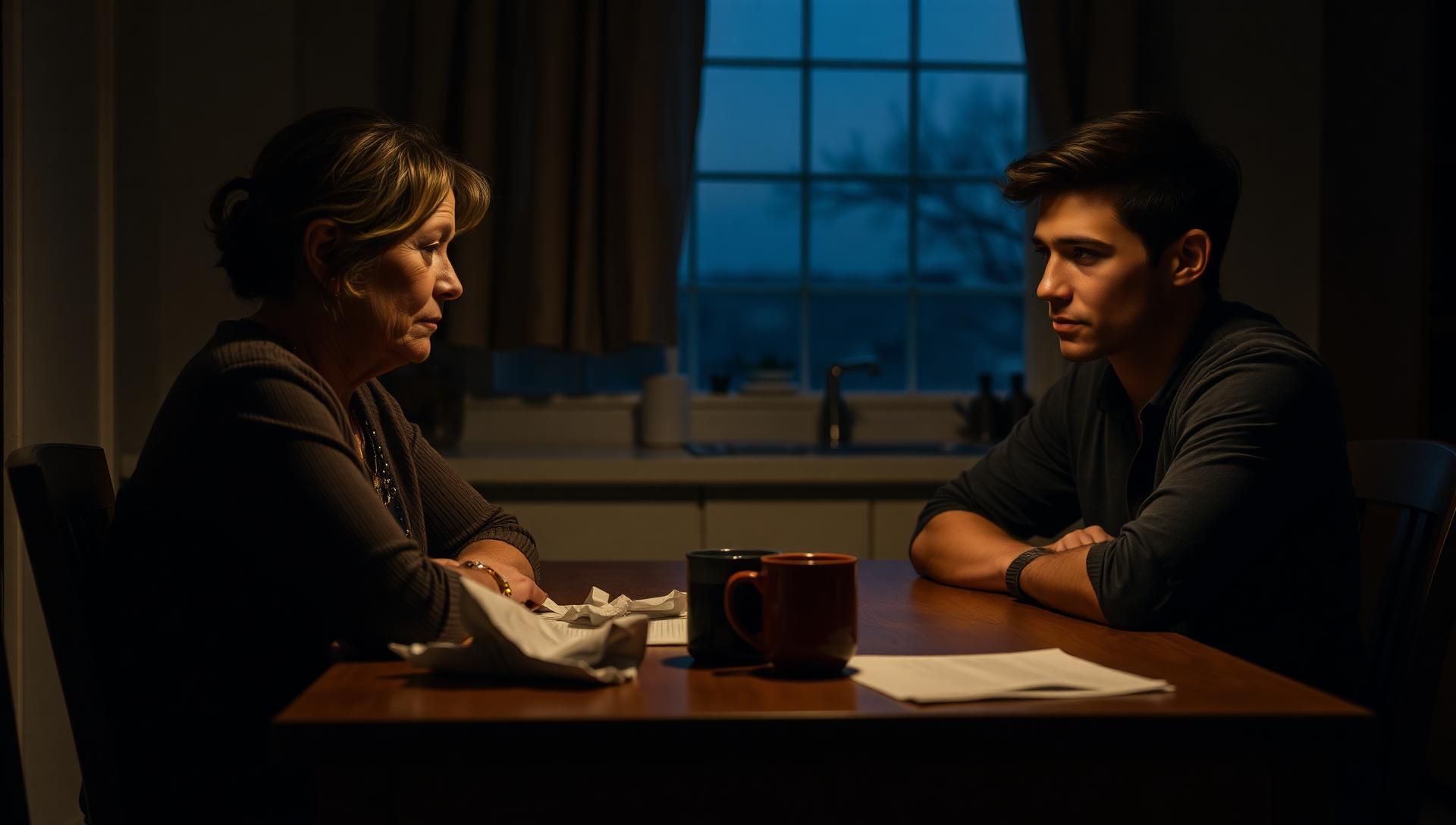 A worried mother in her late fifties sitting across a dim kitchen table from her young adult son at dusk during a serious family conversation