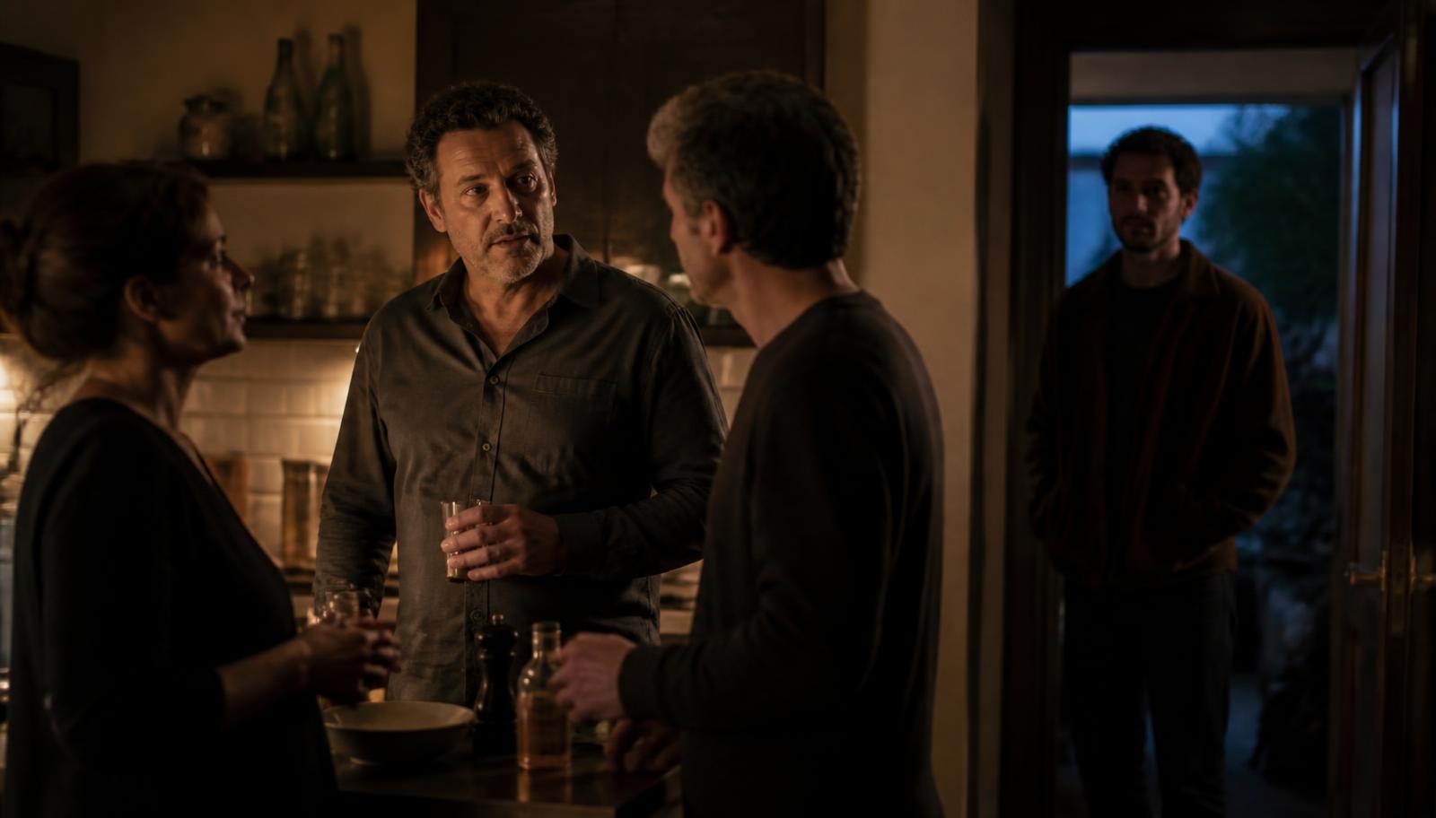 Three adults speaking quietly together in a dim kitchen at dusk while a young adult man stands alone in the doorway behind them