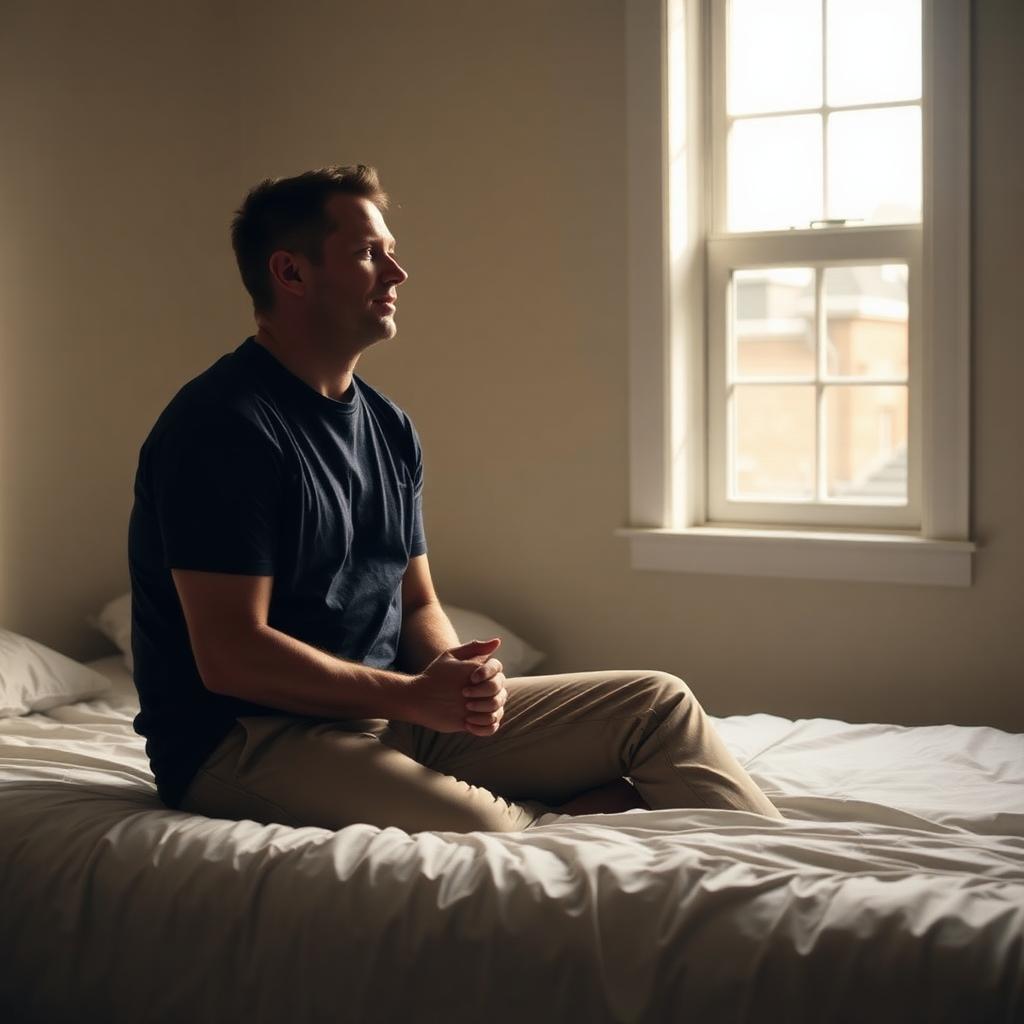 A man in his early 30s sitting alone on the edge of a made bed in a quiet room during the early evening
