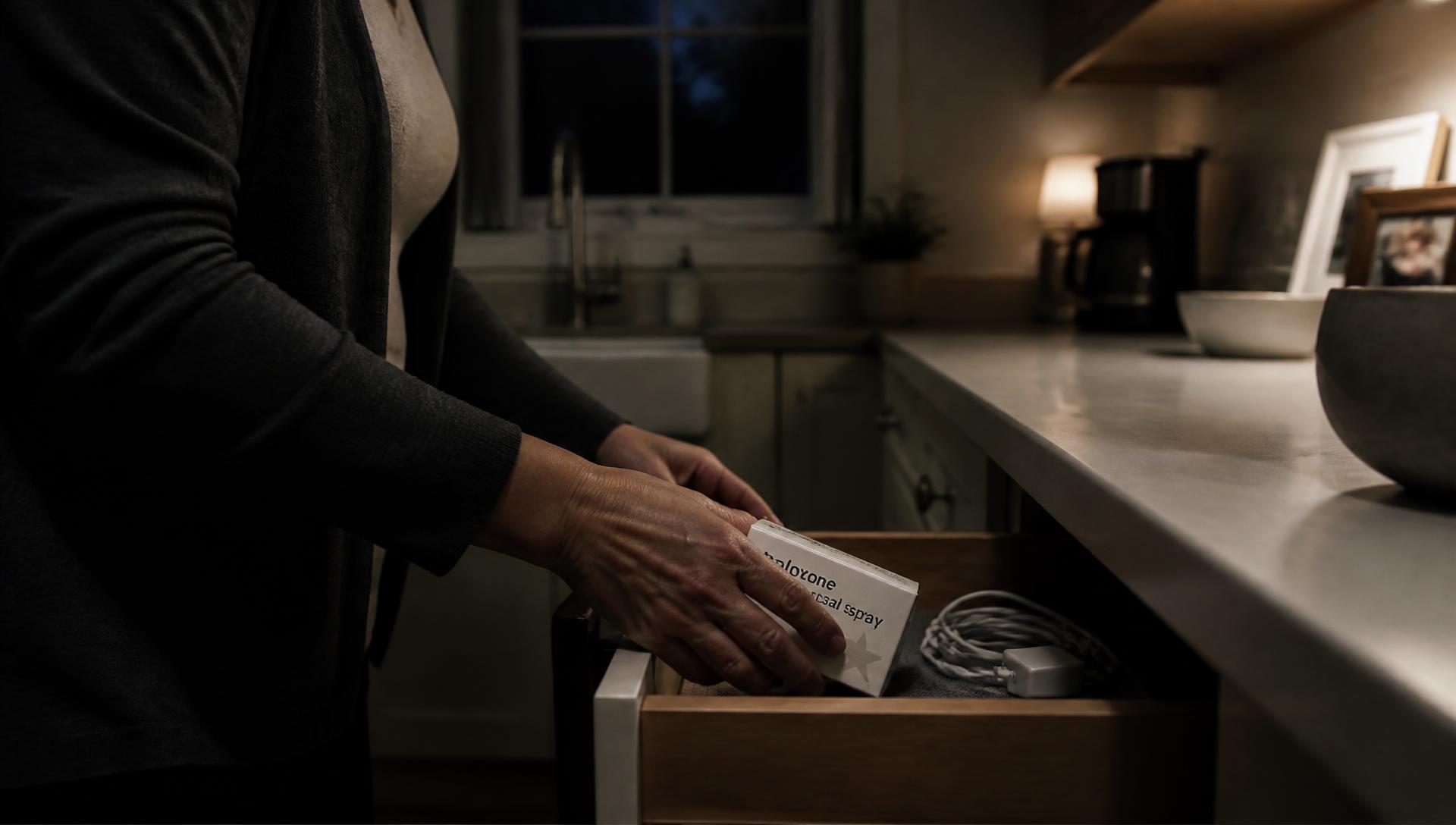 A mother's hands placing a naloxone nasal spray box into an open kitchen drawer in a dimly lit home at night