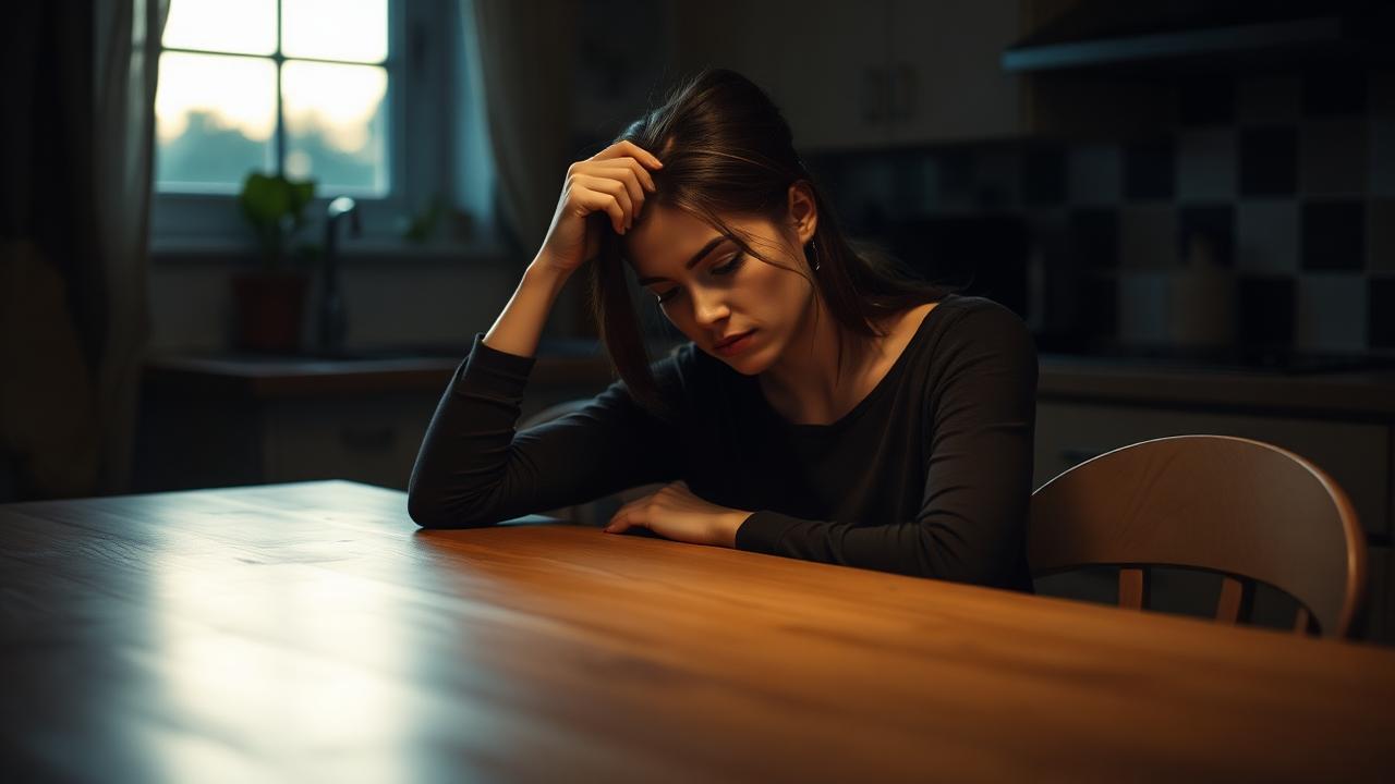 A young adult woman sitting alone at a kitchen table in dim evening light, weighed down by years of caretaking