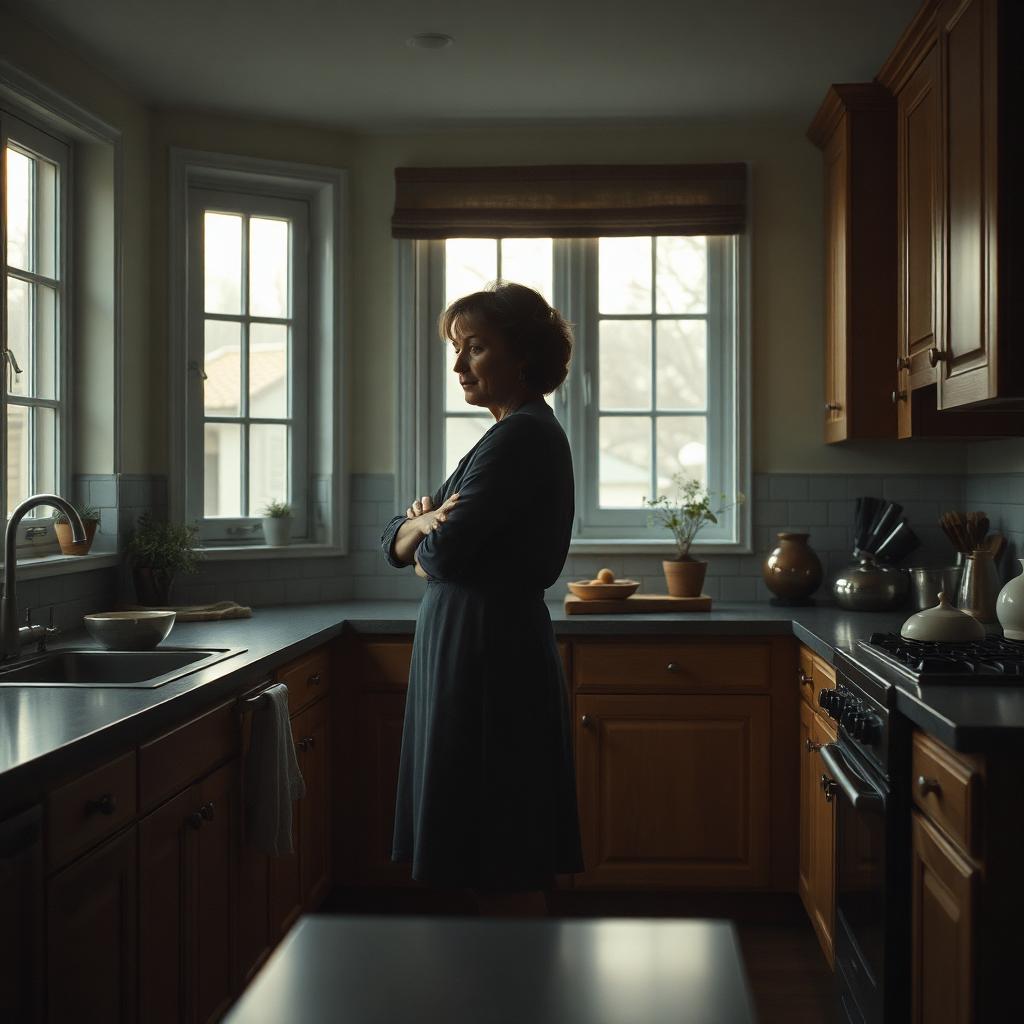 A mother standing alone in a quiet kitchen at morning, arms crossed, looking out the window in heavy silence