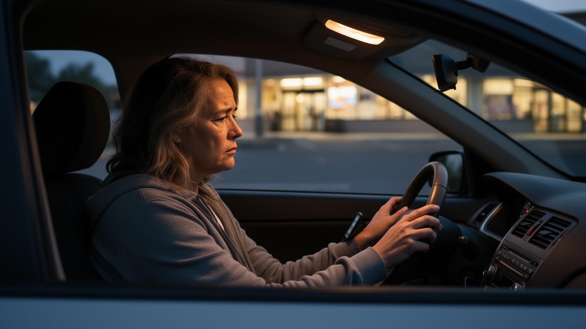 A weary mother sitting alone in a parked car at dusk, holding a quiet moment before asking for help for a loved one's addiction