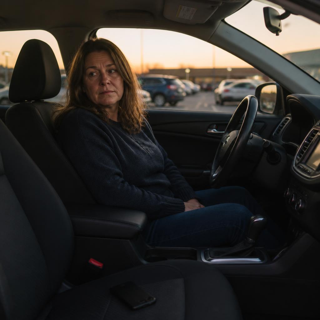 A woman in her 50s sitting in her parked car at dusk with her phone face down on the passenger seat