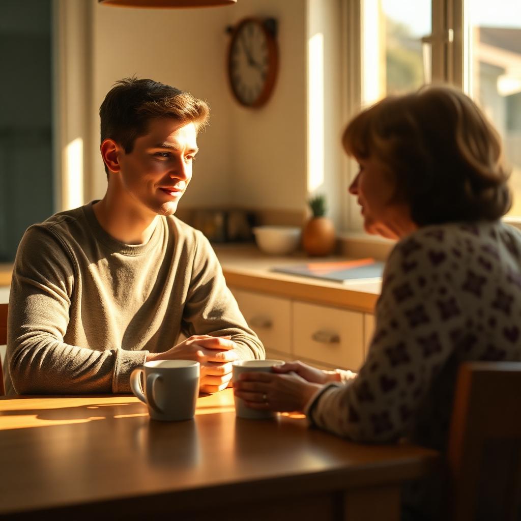 A young adult son and his mother sitting at a kitchen table with coffee mugs in warm morning light, having an honest conversation
