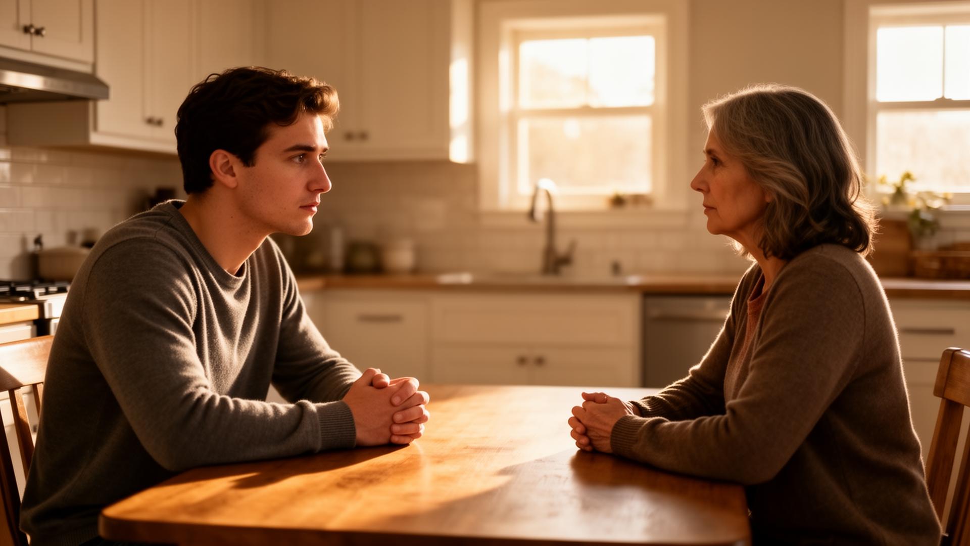 A sober young adult man and an adult parent sitting across from each other at a warm kitchen table, showing a cautious conversation about rebuilding trust in recovery