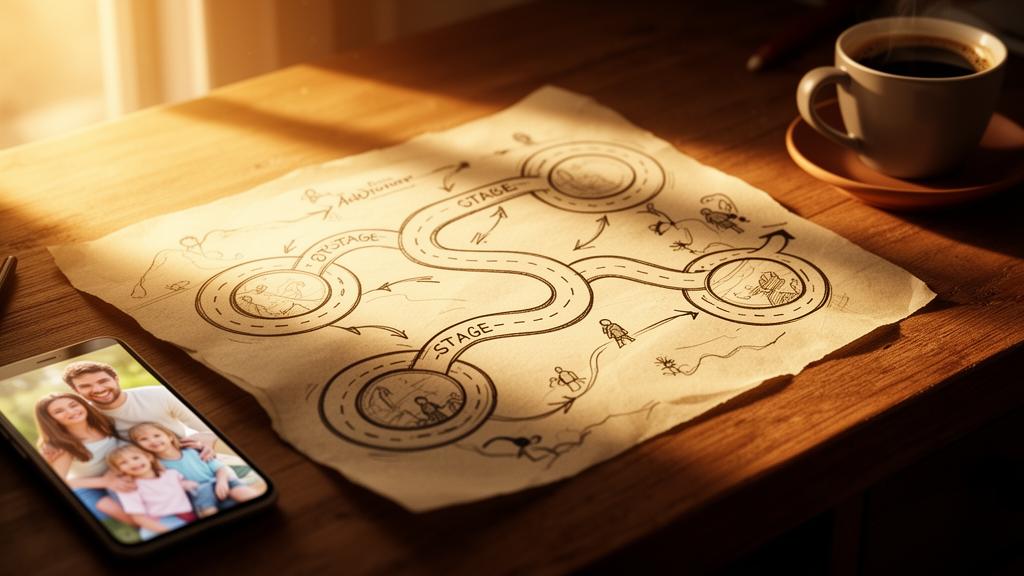 Hand-drawn recovery roadmap on wooden desk with coffee and phone representing structured family addiction guide