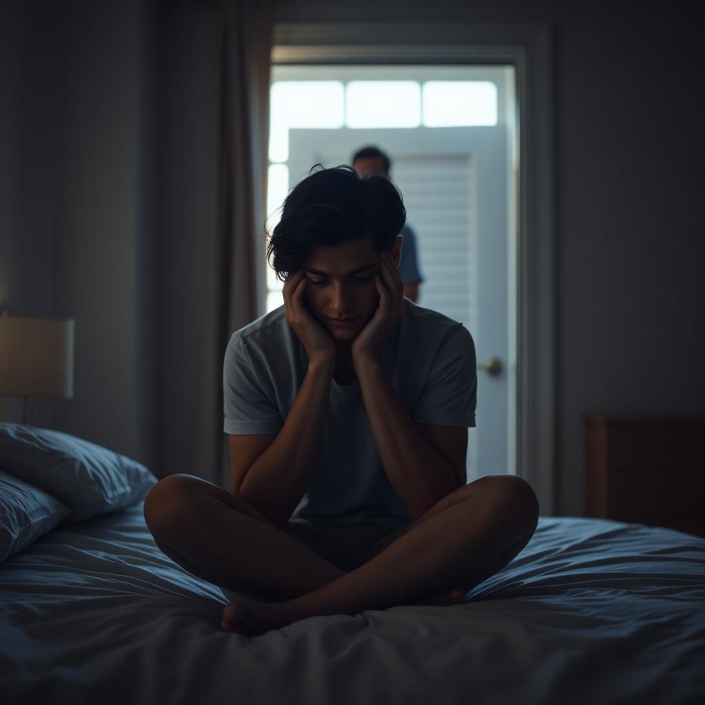 A young adult sitting on the edge of a bed at dawn with head in hands while a concerned parent stands quietly in the doorway, representing the morning after a relapse