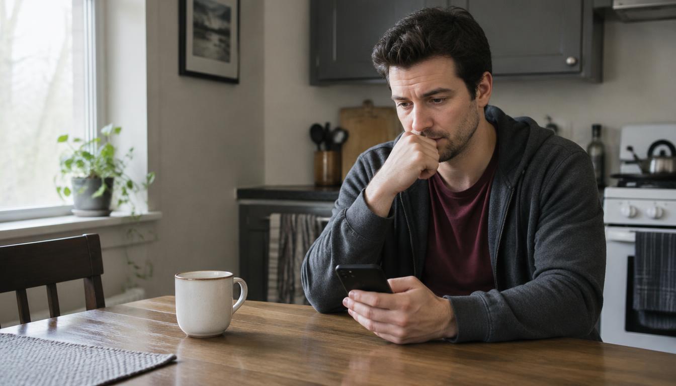 A young adult man sitting at his kitchen table, thoughtfully holding his phone before calling a recovery support person