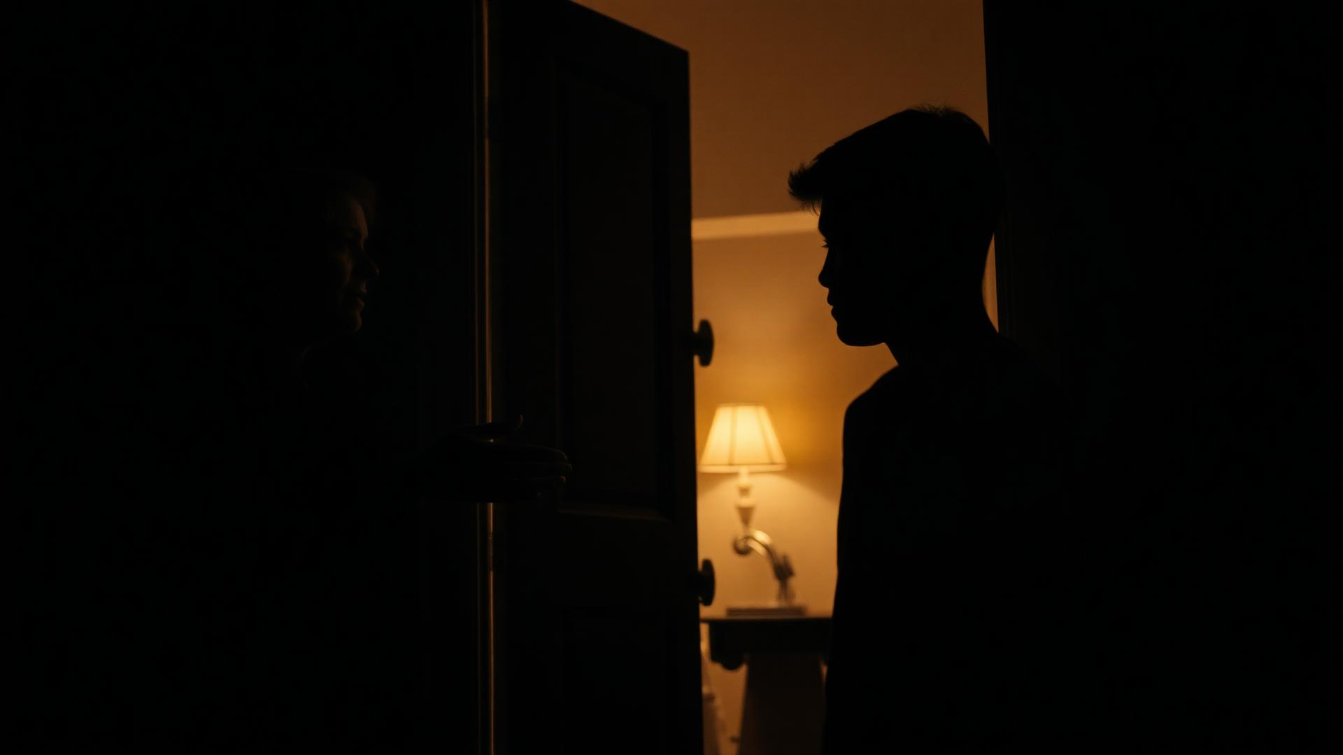 A mother standing at a dim front doorway at dusk with her hand outstretched toward her young adult son on the porch