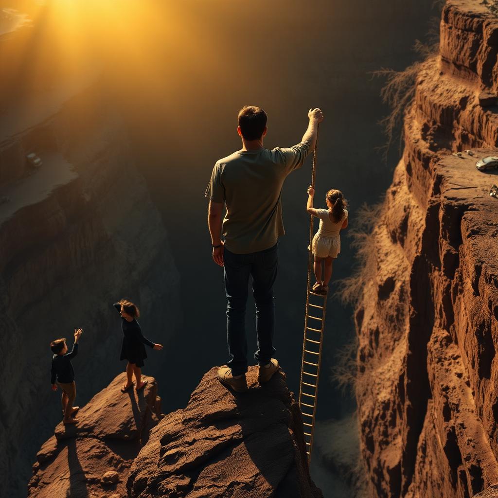 Person standing at cliff edge labeled 'rock bottom' while ladder showing intervention opportunities extends downward