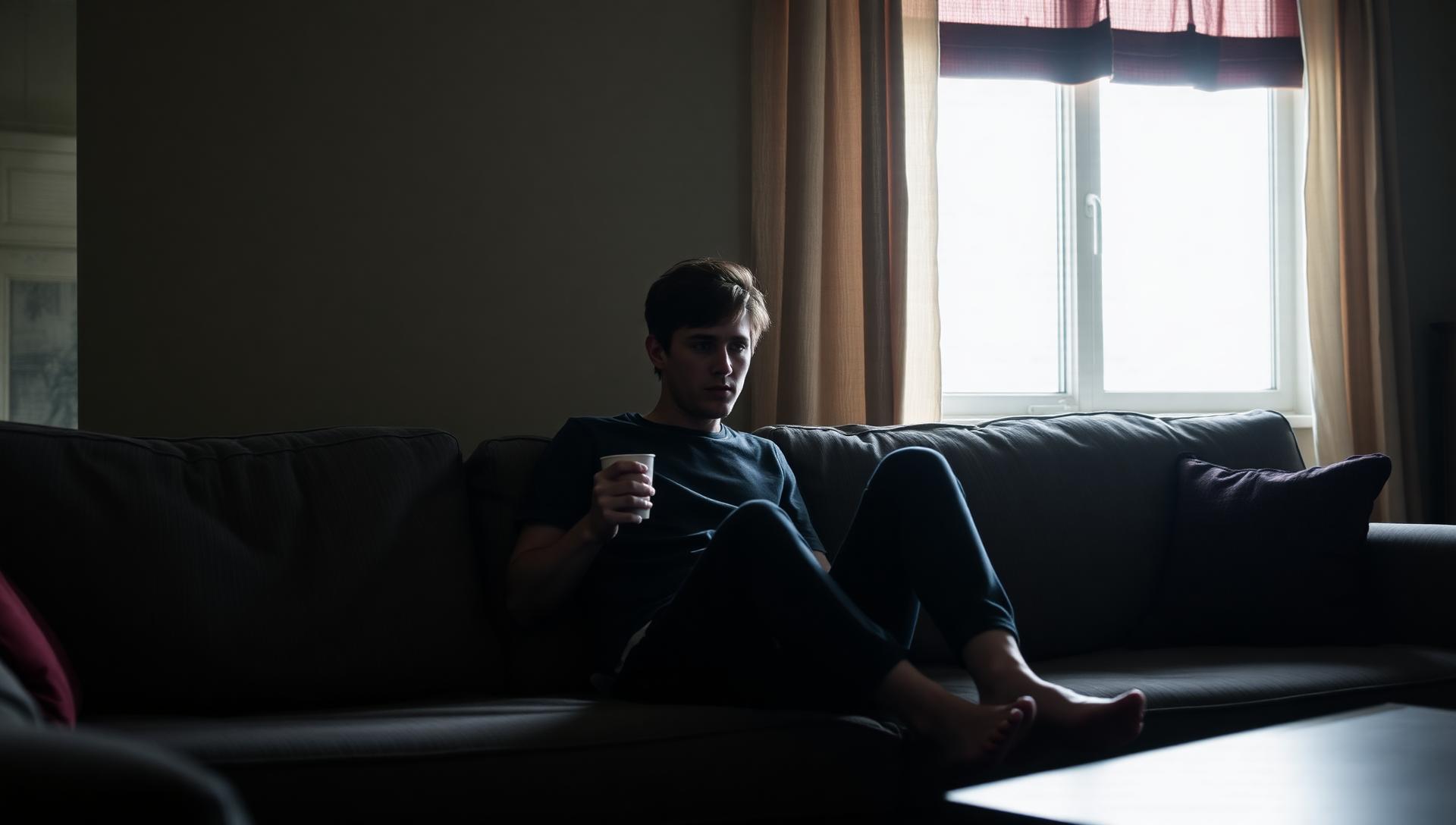 A young adult sitting quietly on a couch holding a coffee mug in soft morning light, representing the quiet, ordinary second year of sobriety