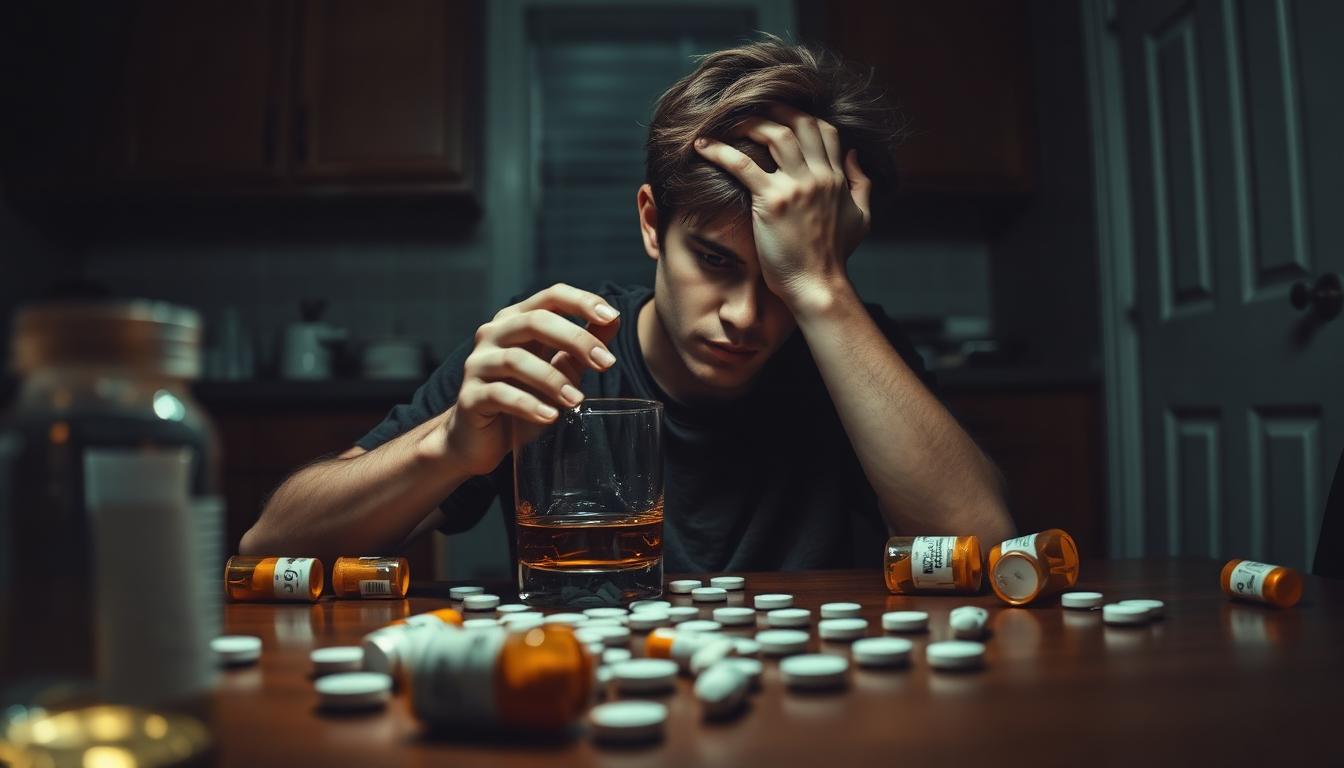A young man sitting at a dimly lit kitchen table holding a glass of whiskey, surrounded by scattered prescription pill bottles, representing the self-medication trap