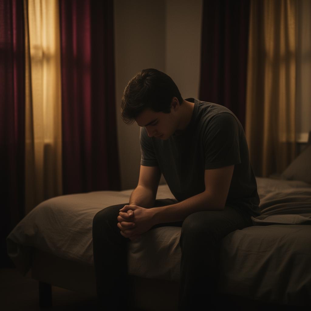 A young man sitting alone on the edge of a bed with head bowed, representing the weight of shame in addiction