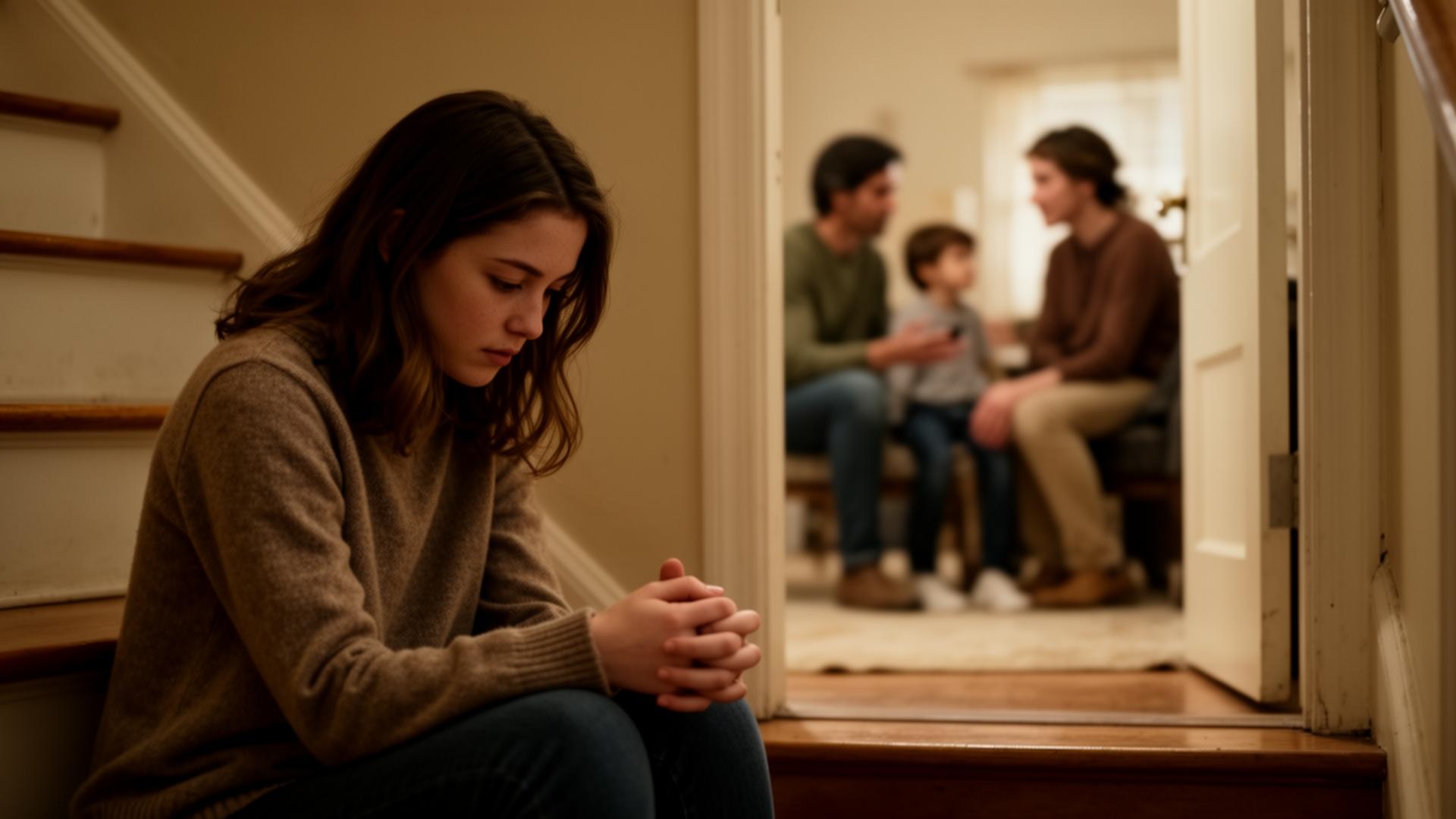A young woman sitting alone on the stairs of a family home while her parents talk with another sibling in the background