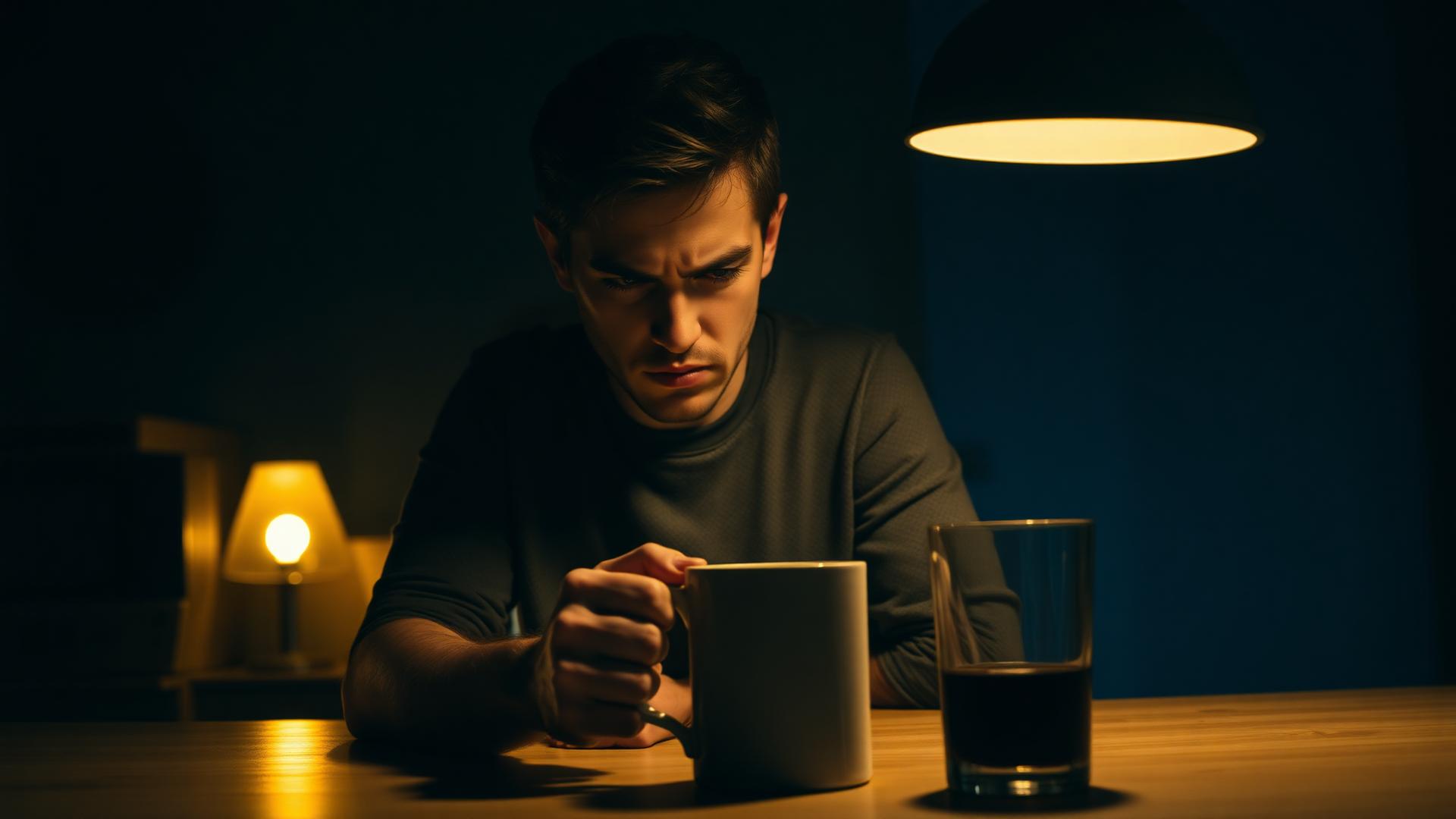 A tense young adult man sitting alone at a dim kitchen table at night, staring at an untouched mug of coffee beside an empty glass