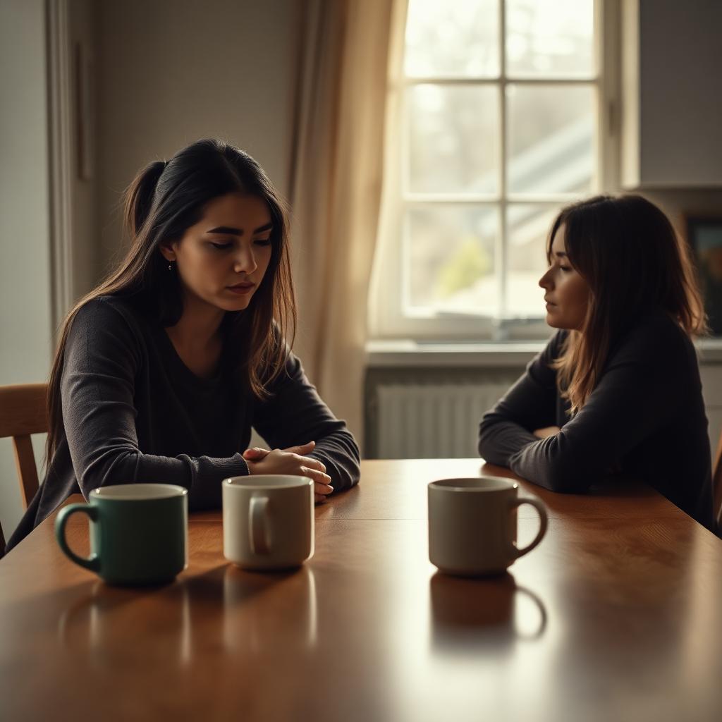 A young adult daughter and her mother sitting at a kitchen table in the morning, quiet tension between them