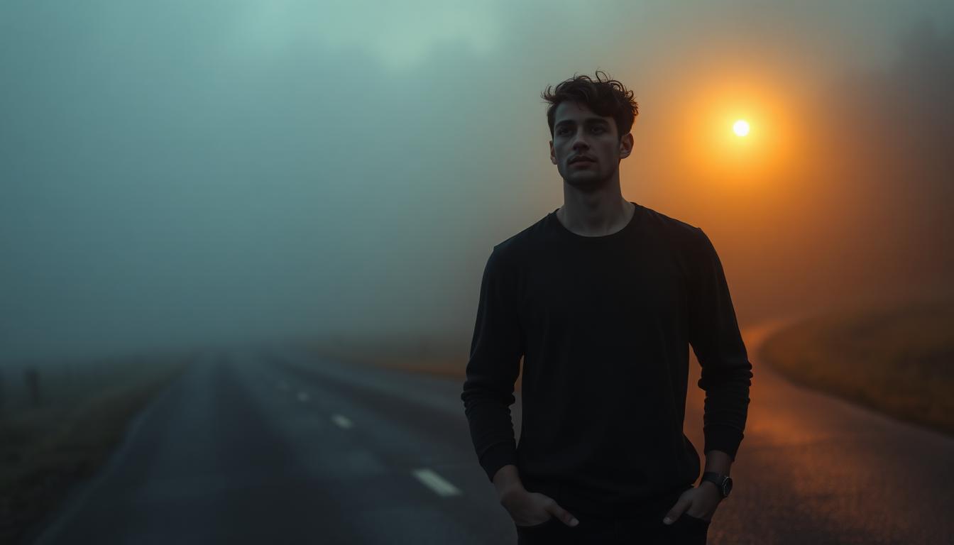 A young man standing at a foggy crossroads at dawn, one path leading to darkness and the other toward golden light