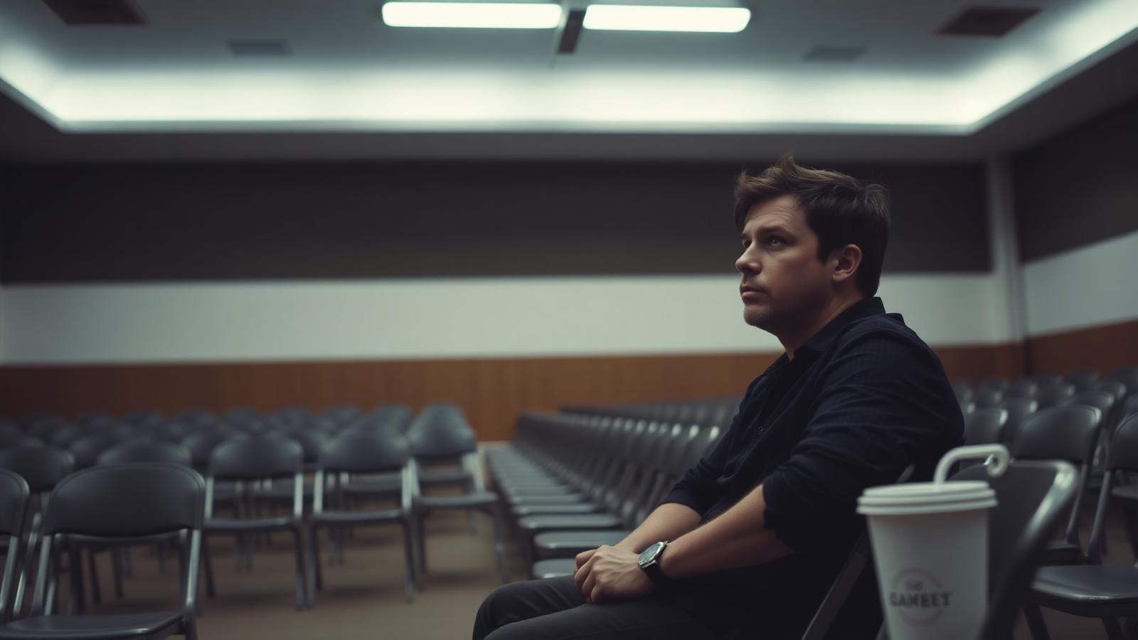 A young adult man sitting alone in an empty meeting room with folding chairs and a styrofoam coffee cup, reflecting on early recovery