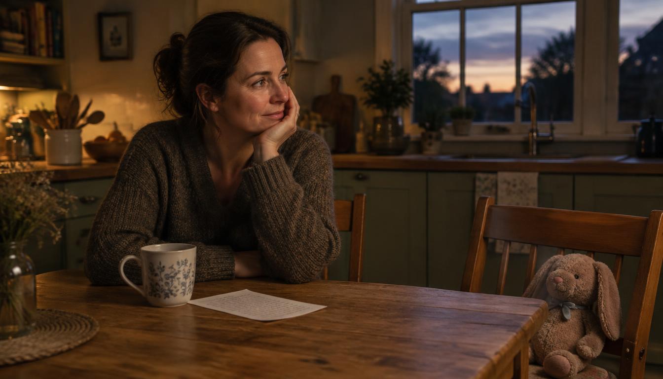 A mother in her late thirties sitting alone at a kitchen table at dusk with a mug and a handwritten note, a stuffed rabbit resting on the chair beside her